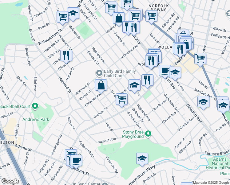 map of restaurants, bars, coffee shops, grocery stores, and more near 215 Belmont Street in Quincy