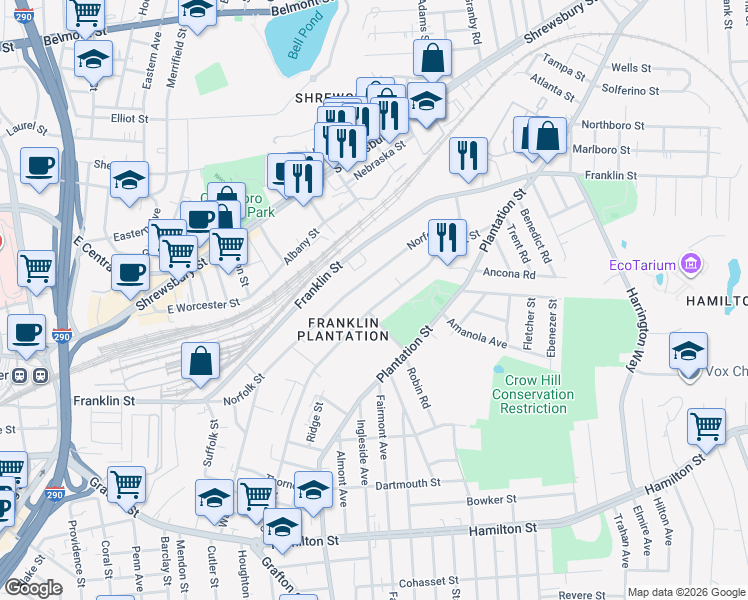 map of restaurants, bars, coffee shops, grocery stores, and more near 139 Orient Street in Worcester