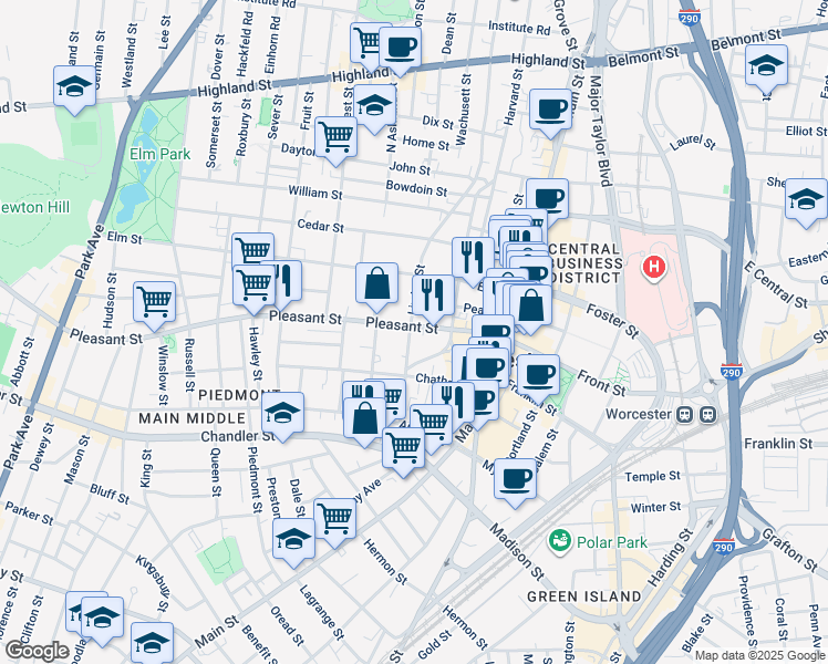 map of restaurants, bars, coffee shops, grocery stores, and more near 119 Pleasant Street in Worcester