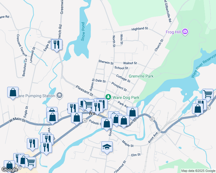 map of restaurants, bars, coffee shops, grocery stores, and more near 35 Prospect Street in Ware