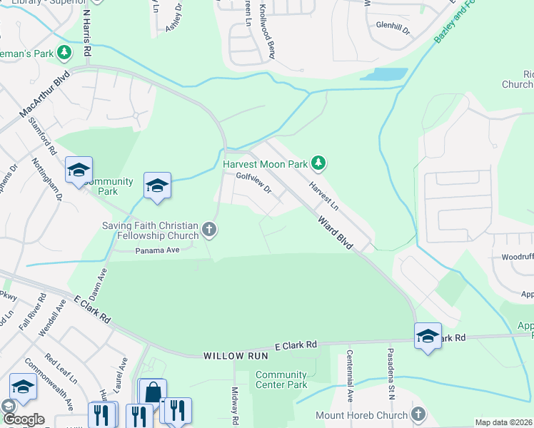 map of restaurants, bars, coffee shops, grocery stores, and more near 1644 Greenway Drive in Superior Charter Township