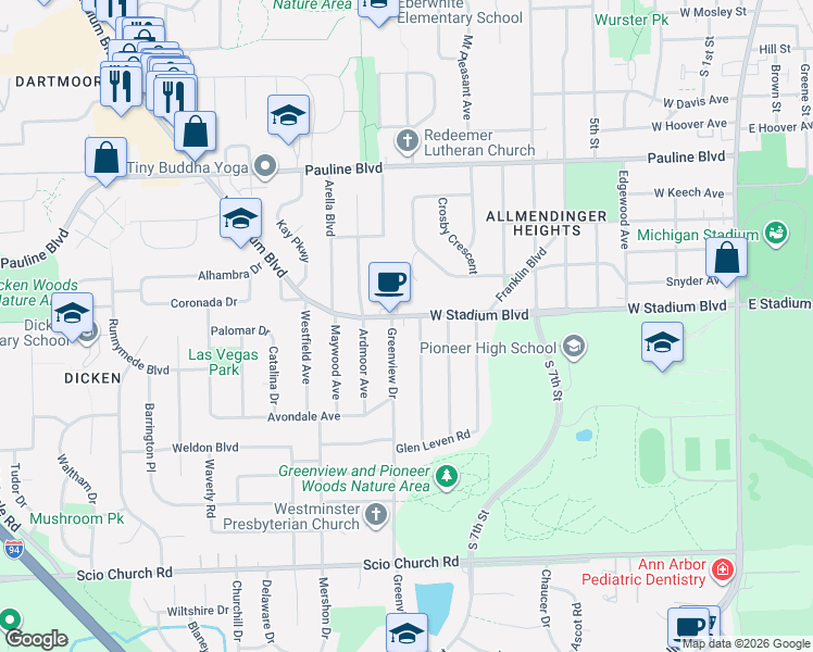 map of restaurants, bars, coffee shops, grocery stores, and more near 1330 West Stadium Boulevard in Ann Arbor