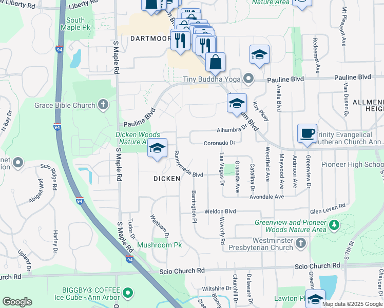 map of restaurants, bars, coffee shops, grocery stores, and more near 1961 Coronada Street in Ann Arbor
