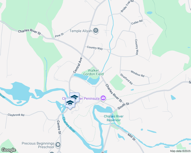 map of restaurants, bars, coffee shops, grocery stores, and more near 174 Charles River Street in Needham