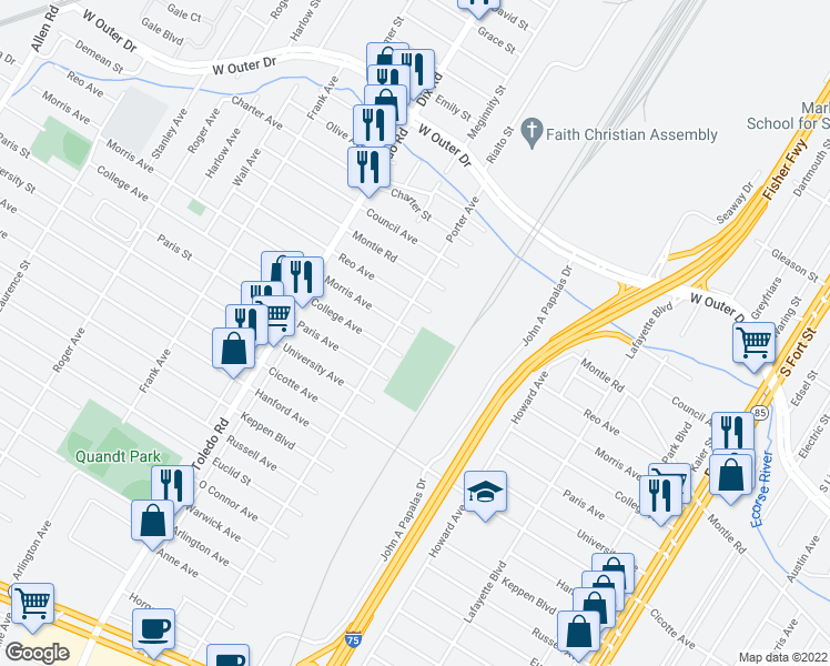 map of restaurants, bars, coffee shops, grocery stores, and more near Morris Avenue in Lincoln Park
