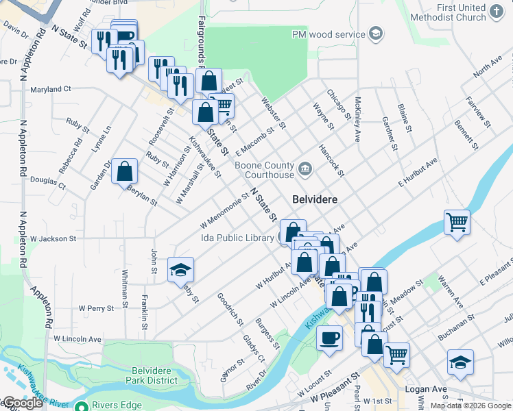 map of restaurants, bars, coffee shops, grocery stores, and more near 616 North State Street in Belvidere