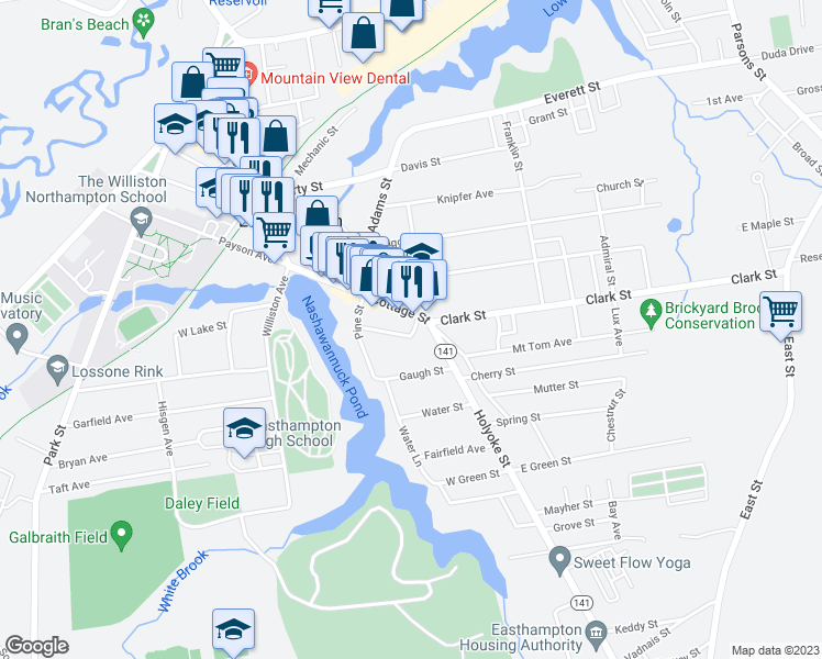 map of restaurants, bars, coffee shops, grocery stores, and more near 3 Orchard Street in Easthampton