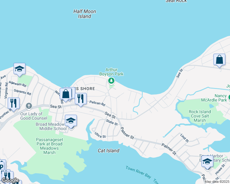 map of restaurants, bars, coffee shops, grocery stores, and more near 15 Seagull Road in Quincy