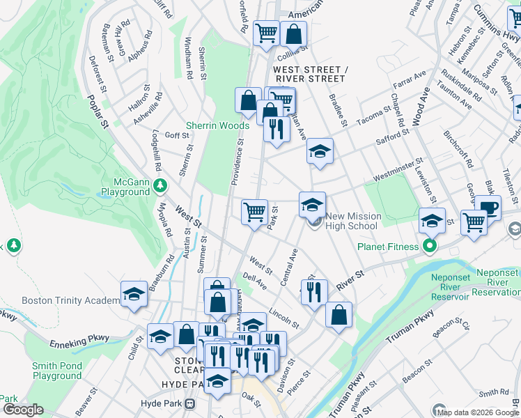 map of restaurants, bars, coffee shops, grocery stores, and more near 1038 Hyde Park Avenue in Boston