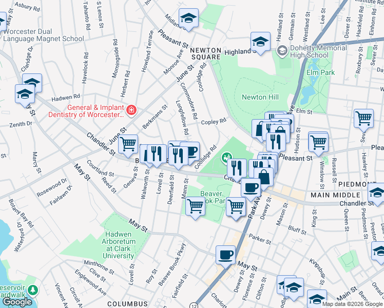 map of restaurants, bars, coffee shops, grocery stores, and more near 22 Longfellow Road in Worcester
