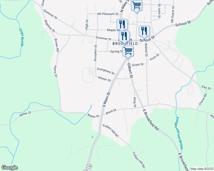 map of restaurants, bars, coffee shops, grocery stores, and more near 15 Winter Street in North Brookfield