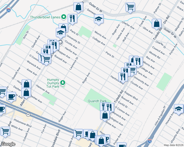 map of restaurants, bars, coffee shops, grocery stores, and more near 14655 Keppen Avenue in Allen Park