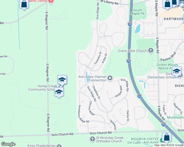 map of restaurants, bars, coffee shops, grocery stores, and more near 1439 Chapleau Drive in Ann Arbor