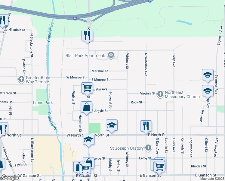 map of restaurants, bars, coffee shops, grocery stores, and more near 300 Austin Avenue in Jackson