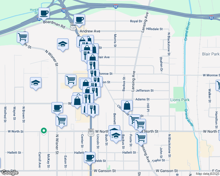 map of restaurants, bars, coffee shops, grocery stores, and more near 623 Madison Street in Jackson