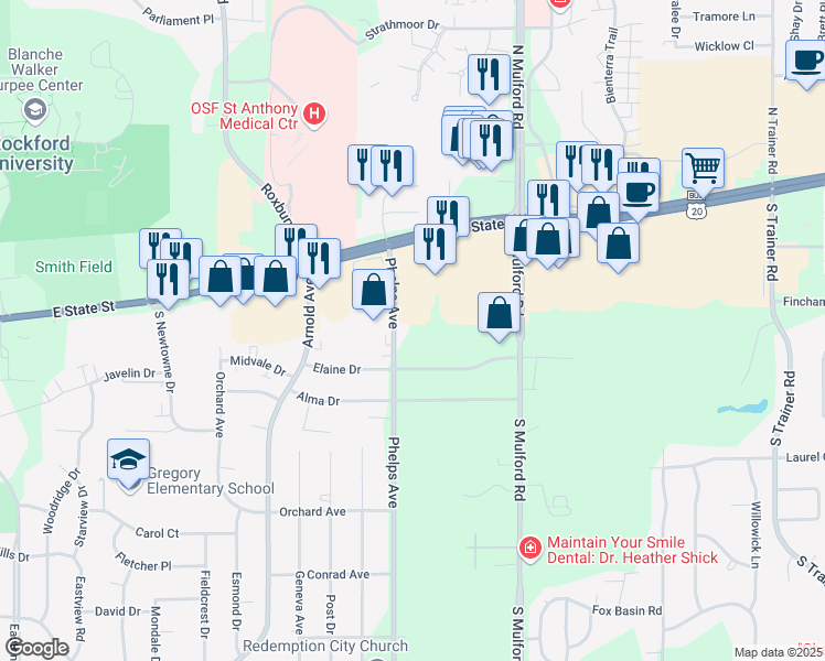 map of restaurants, bars, coffee shops, grocery stores, and more near 422 Phelps Avenue in Rockford