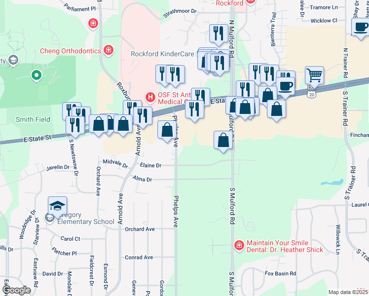 map of restaurants, bars, coffee shops, grocery stores, and more near 422 Phelps Avenue in Rockford