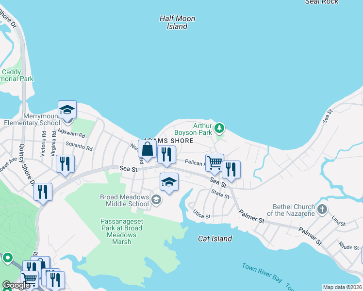 map of restaurants, bars, coffee shops, grocery stores, and more near 33 Plover Road in Quincy