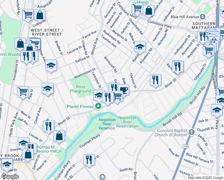 map of restaurants, bars, coffee shops, grocery stores, and more near 296 Wood Avenue in Boston
