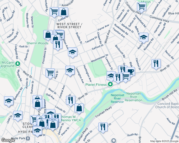 map of restaurants, bars, coffee shops, grocery stores, and more near 420 Huntington Avenue in Boston