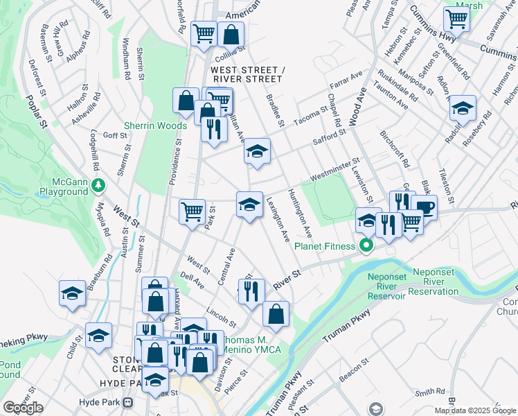 map of restaurants, bars, coffee shops, grocery stores, and more near in Boston