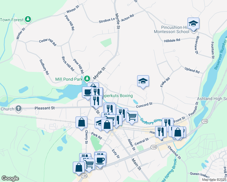 map of restaurants, bars, coffee shops, grocery stores, and more near 35 Raymond Marchetti Street in Ashland