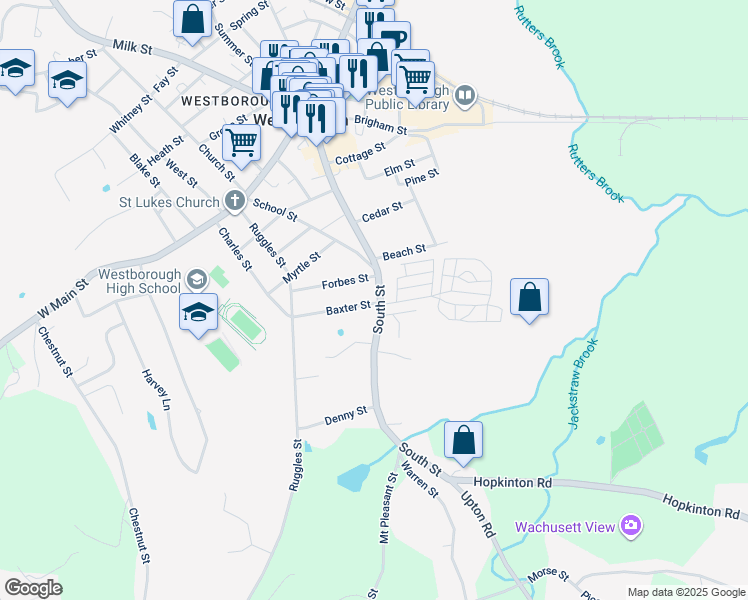 map of restaurants, bars, coffee shops, grocery stores, and more near 81 South Street in Westborough
