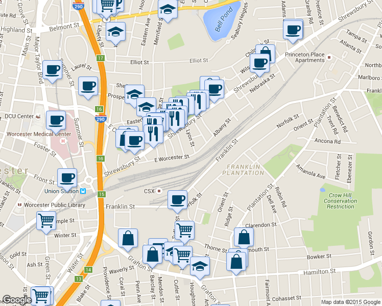 map of restaurants, bars, coffee shops, grocery stores, and more near 29 Lyon Street in Worcester