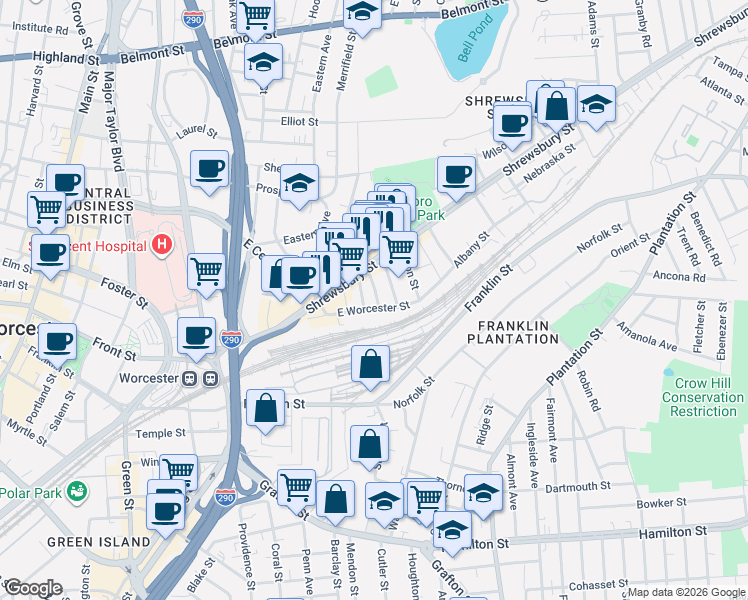 map of restaurants, bars, coffee shops, grocery stores, and more near 75 East Worcester Street in Worcester