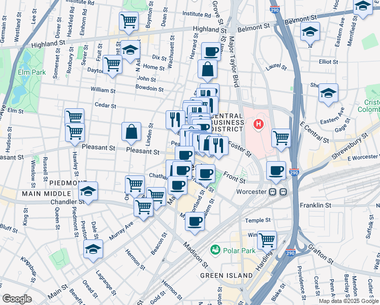 map of restaurants, bars, coffee shops, grocery stores, and more near 403 Main Street in Worcester