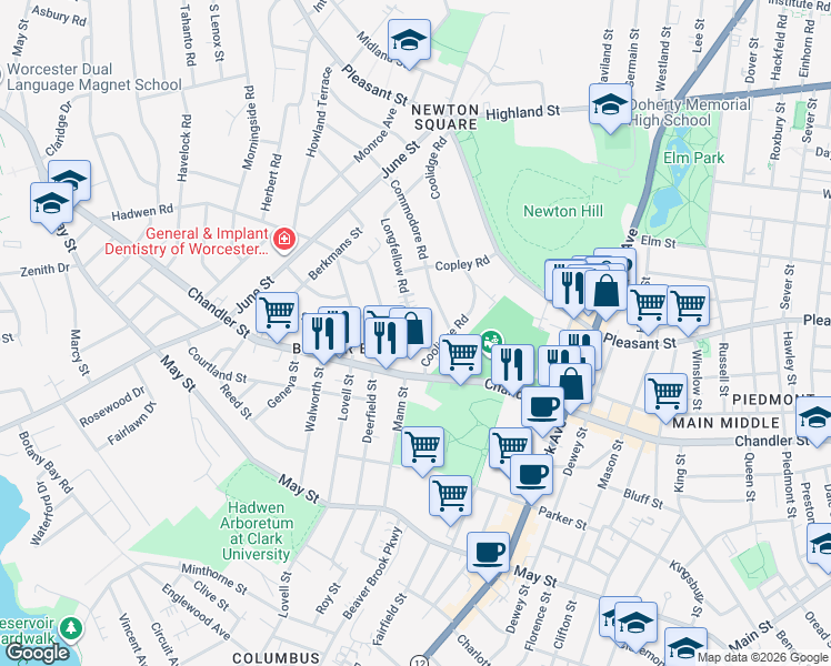 map of restaurants, bars, coffee shops, grocery stores, and more near 22 Longfellow Road in Worcester