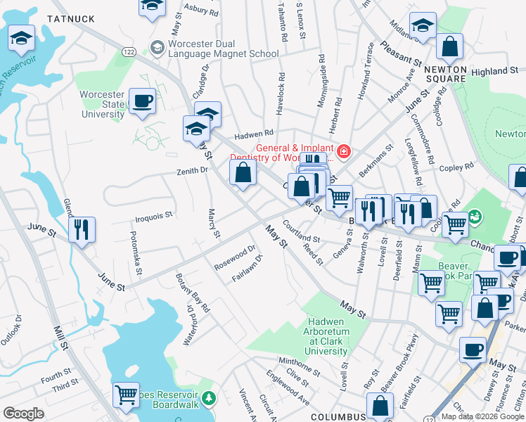 map of restaurants, bars, coffee shops, grocery stores, and more near 4 Manor Street in Worcester
