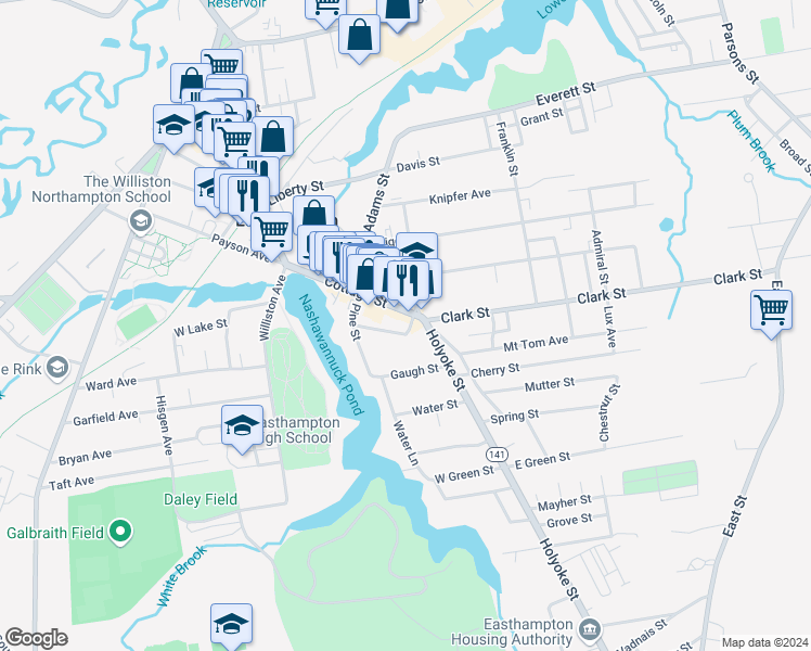 map of restaurants, bars, coffee shops, grocery stores, and more near 116 Massachusetts 141 in Easthampton
