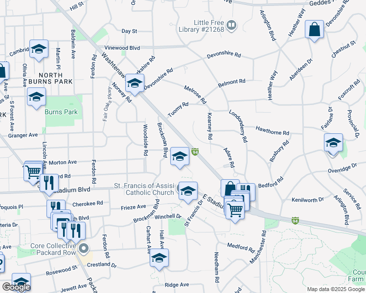 map of restaurants, bars, coffee shops, grocery stores, and more near 2200 Washtenaw Avenue in Ann Arbor