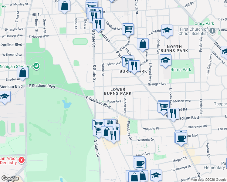 map of restaurants, bars, coffee shops, grocery stores, and more near in Ann Arbor