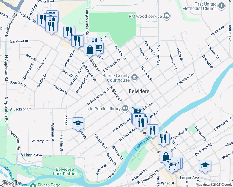 map of restaurants, bars, coffee shops, grocery stores, and more near 616 North State Street in Belvidere