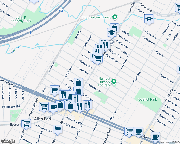 map of restaurants, bars, coffee shops, grocery stores, and more near 5300 Allen Road in Allen Park