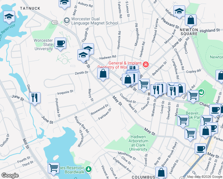 map of restaurants, bars, coffee shops, grocery stores, and more near 4 Manor Street in Worcester