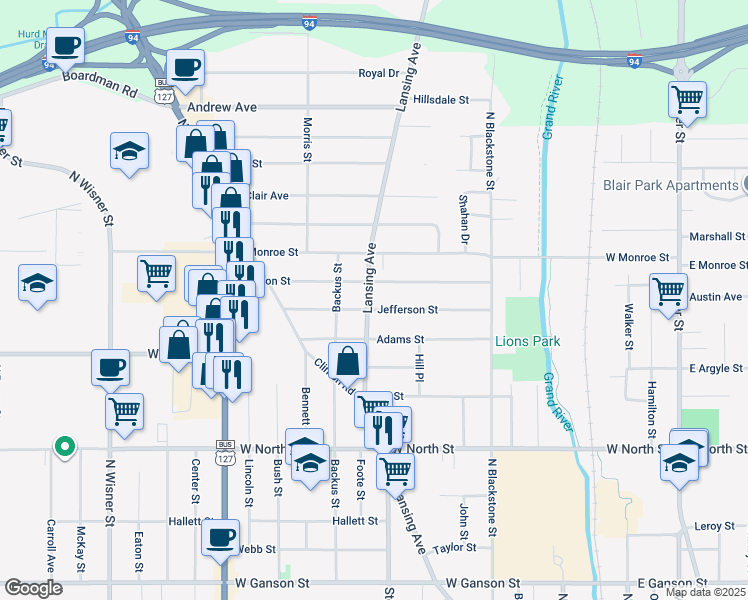 map of restaurants, bars, coffee shops, grocery stores, and more near 1207 Lansing Avenue in Jackson