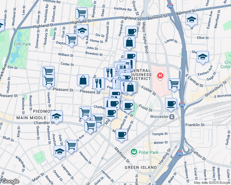 map of restaurants, bars, coffee shops, grocery stores, and more near 55 Pearl Street in Worcester