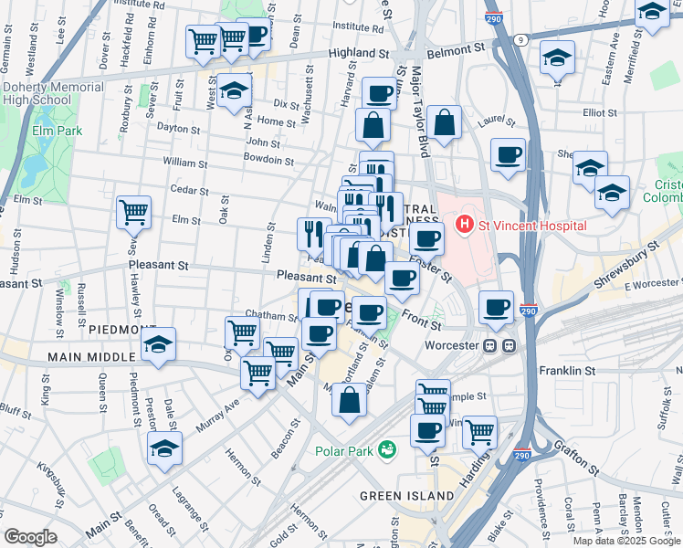 map of restaurants, bars, coffee shops, grocery stores, and more near 403 Main Street in Worcester