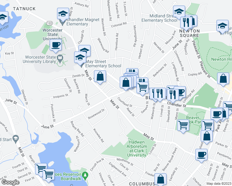 map of restaurants, bars, coffee shops, grocery stores, and more near 135 June Street in Worcester
