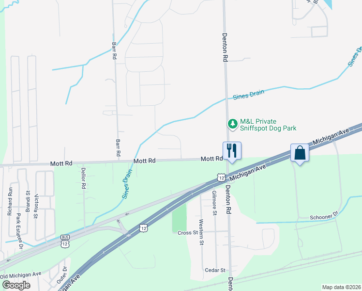 map of restaurants, bars, coffee shops, grocery stores, and more near 49900 Mott Road in Canton
