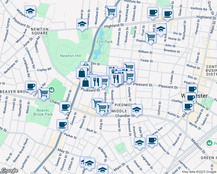 map of restaurants, bars, coffee shops, grocery stores, and more near 7 Pleasant Terrace in Worcester