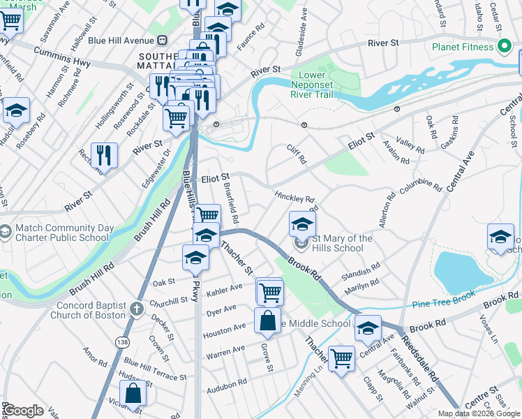 map of restaurants, bars, coffee shops, grocery stores, and more near 22 Virginia Street in Milton