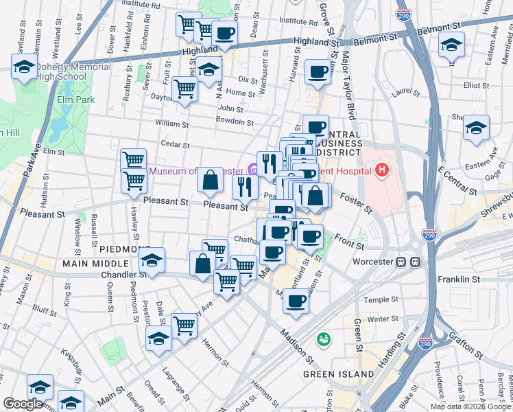map of restaurants, bars, coffee shops, grocery stores, and more near 1 Chestnut Street in Worcester