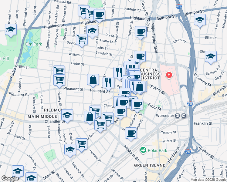 map of restaurants, bars, coffee shops, grocery stores, and more near 1 Chestnut Street in Worcester