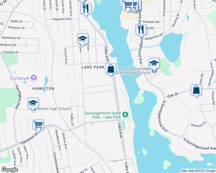 map of restaurants, bars, coffee shops, grocery stores, and more near 36 Ayrshire Road in Worcester