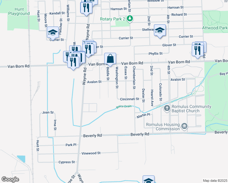 map of restaurants, bars, coffee shops, grocery stores, and more near 6056 Washington Street in Romulus