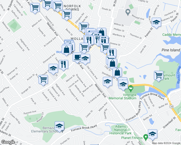 map of restaurants, bars, coffee shops, grocery stores, and more near 55R Old Colony Avenue in Quincy